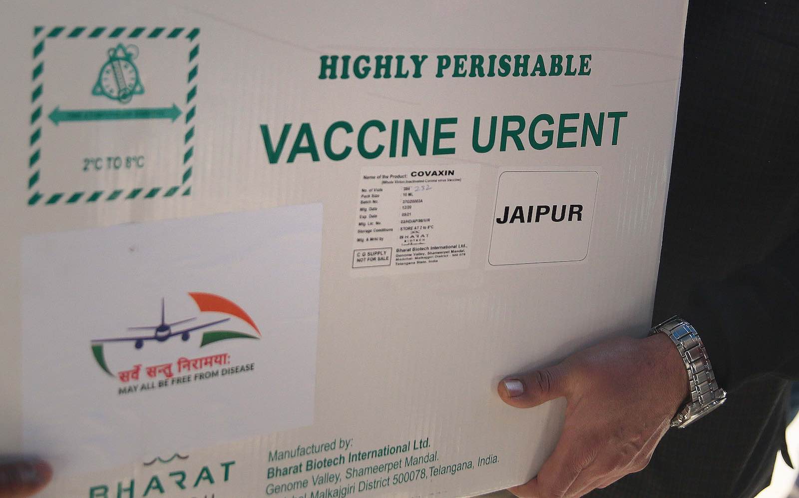 JAIPUR, INDIA - JANUARY 13: Health workers carry a carton containing vaccines during the delivery of the first consignment of 1000 vials of Bharat Biotech's COVAXIN arrived to start Covid-19 vaccination drive from January 16, at State Vaccine Centre on January 13, 2021 in Jaipur, India. (Photo by Himanshu Vyas/Hindustan Times via Getty Images)