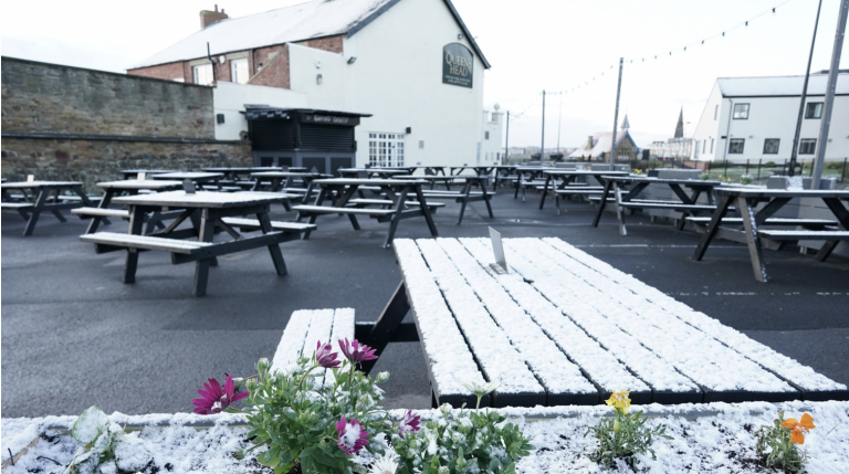 Snow, Sleet and Freezing Temperatures Hit UK as Pub Beer Gardens Reopen