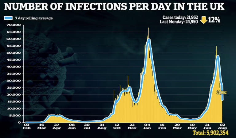 Britain’s Daily Covid Cases Fall to a Five-Week Low