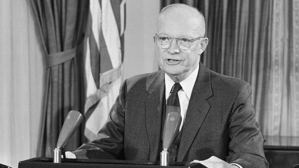 In his final speech from the White House, President Dwight D. Eisenhower warned that an arms race would take resources from other areas -- such as building schools and hospitals.