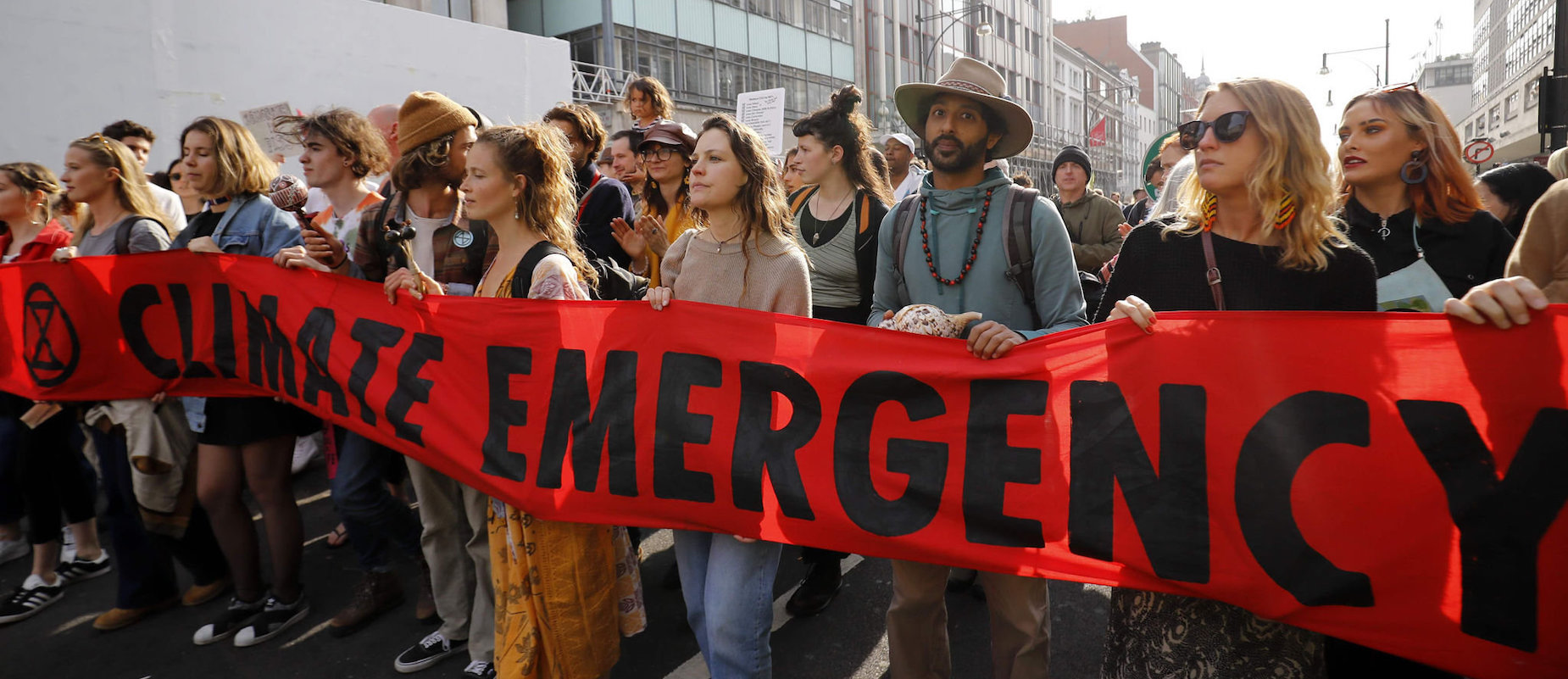 Climate change activists rally at Oxford Circus in central London on April 18, 2019, the fourth day of an environmental protest by the Extinction Rebellion group. - Climate change activists on Thursday brought parts of the British capital to a standstill in a fourth consecutive day of demonstrations that have so far led to more than 400 arrests. (Photo by Tolga AKMEN / AFP)TOLGA AKMEN/AFP/Getty Images