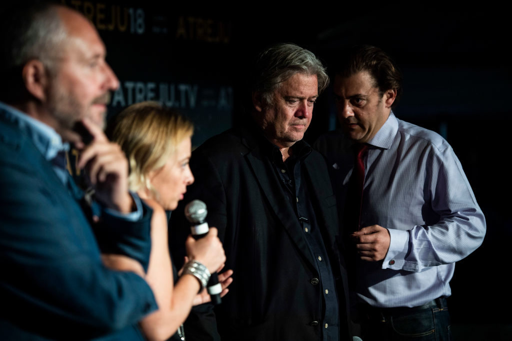 ROME, ITALY - SEPTEMBER 22 : Benjamin Harnwell, right, translates as former White House Chief Strategist Steve Bannon participates in a press conference at Atreju 2018, a conference of right wing activists, on Saturday, Sept 22, 2018 in Rome, Italy. Bannon is in Rome to drum up support for The Movement, his organization designed to help right wing political parties in Europe. (Photo by Jabin Botsford/The Washington Post via Getty Images)