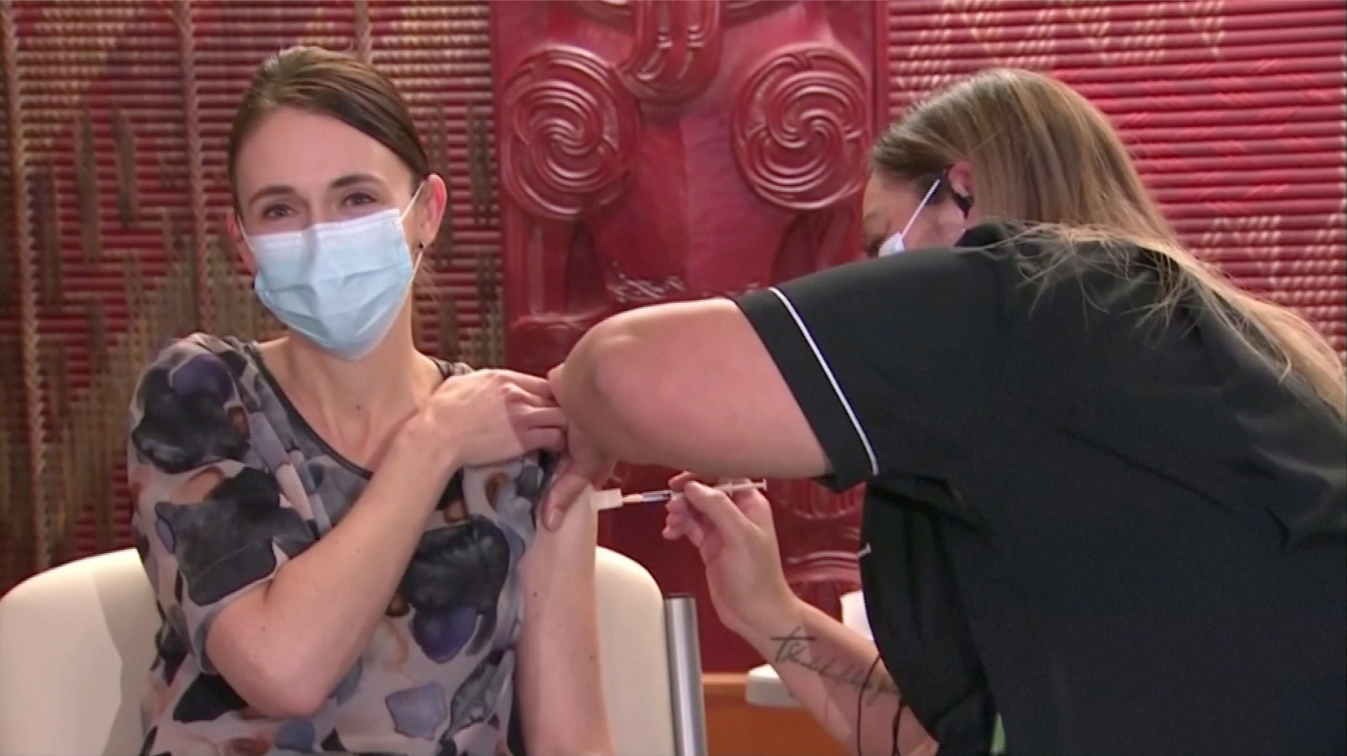 New Zealand's Prime Minister Jacinda Ardern receives her first dose of the Pfizer coronavirus disease (COVID-19) vaccine at a vaccination centre in Auckland, New Zealand, June 18, 2021, in this still image taken from video.  TVNZ / via REUTERS TV