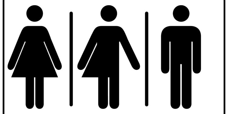 All gender restroom sign. Male, female transgender. Vector illustration. Black symbols isolated on white. Mandatory banner. Set of female, male and transgender people silhouettes.
