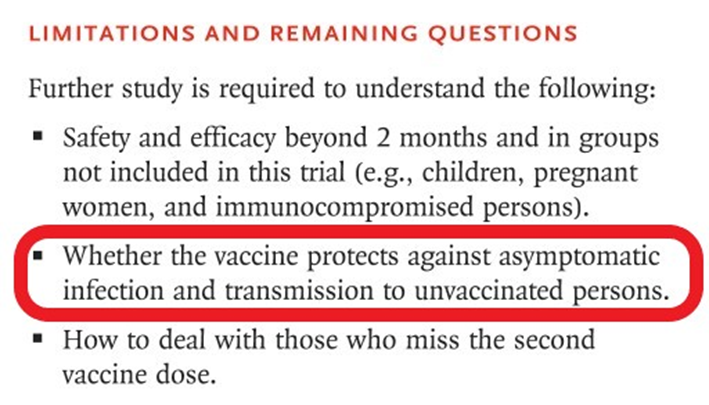 LIMITAÇÕES E QUESTÕES EM ABERTO: Mais estudos são necessários para saber se [...] a vacina protege de infecção assintomática e impede transmissão a não vacinados [...]