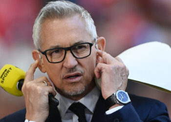 LONDON, ENGLAND - APRIL 16: Sports Broadcaster, Gary Lineker reacts prior to The Emirates FA Cup Semi-Final match between Manchester City and Liverpool at Wembley Stadium on April 16, 2022 in London, England. (Photo by Shaun Botterill/Getty Images)