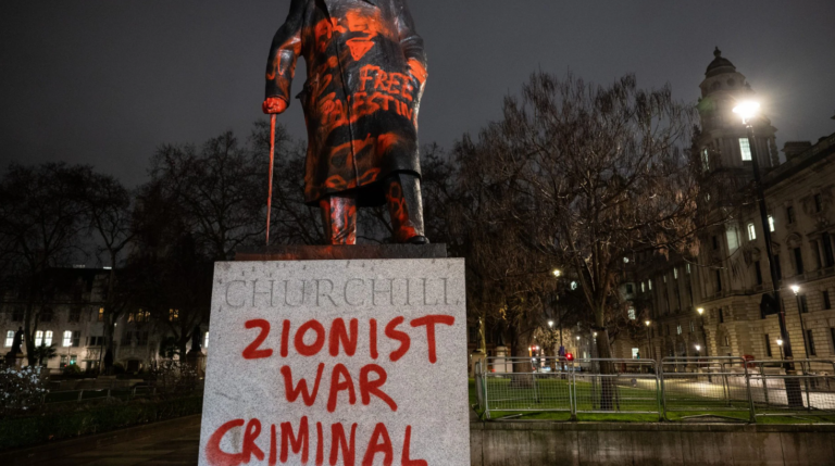 Churchill Statue Defaced With “Zionist War Criminal” Graffiti by “Palestine Action Activist”