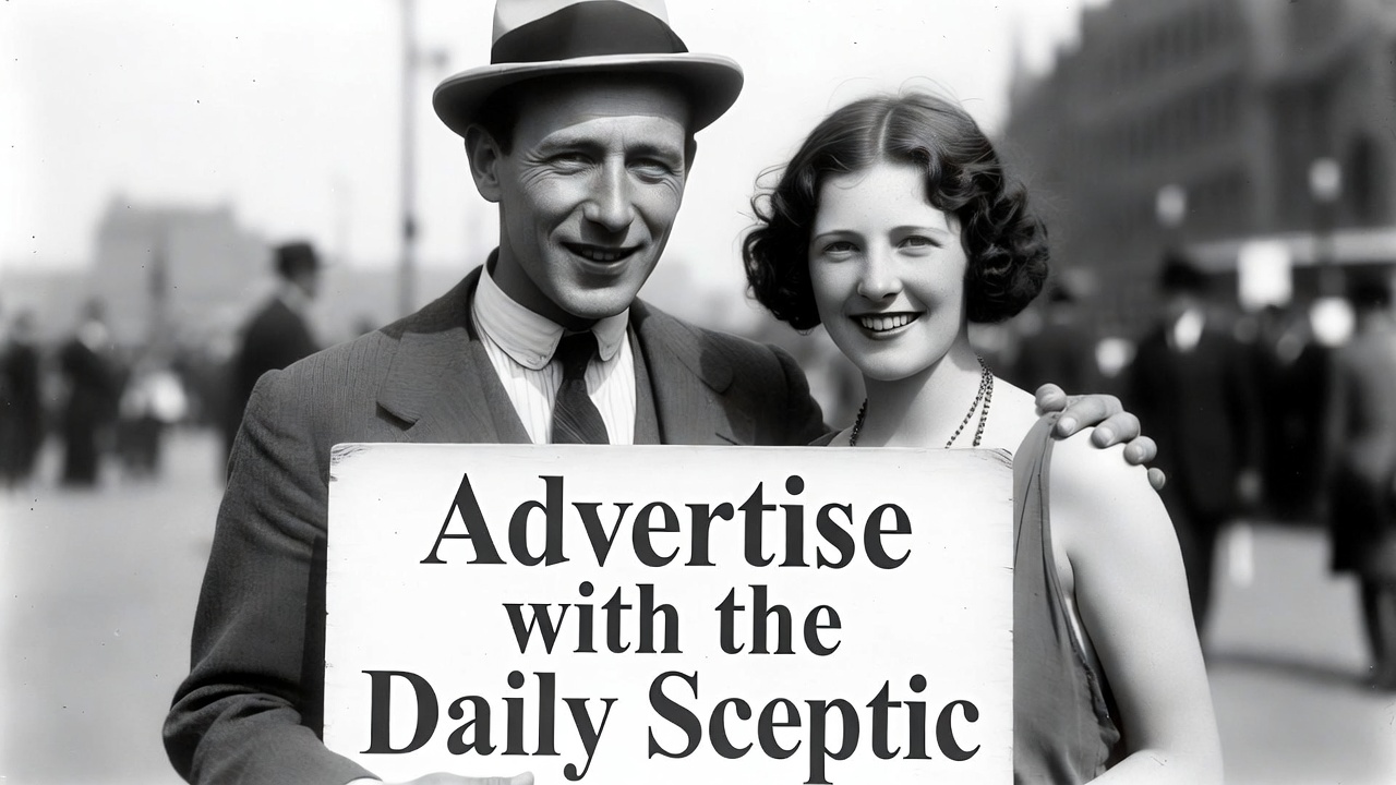 A man and woman holding a sign reading Advertise with the Daily Sceptic